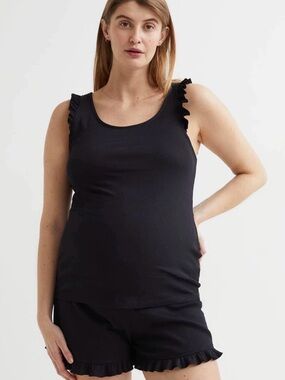 H&M Mama Maternity Size Large Black Ribbed Ruffle Trim Tank & Short Set / Lounge